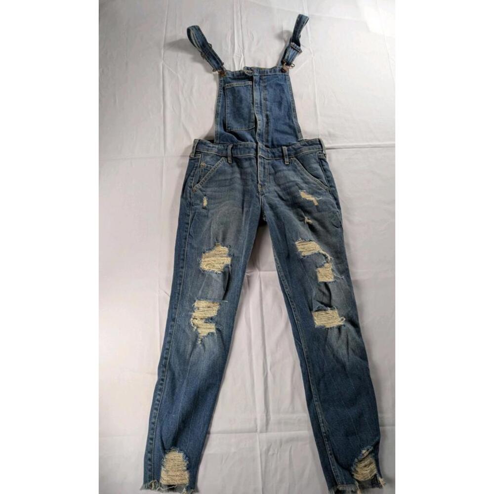NWT Hollister S Super Skinny Crop Denim Overalls Distressed Frayed Hem Womens